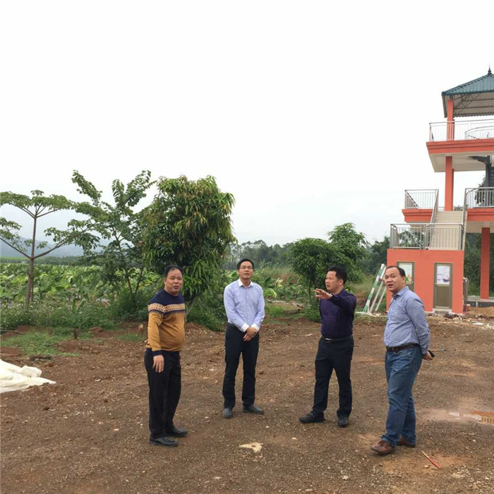 興業(yè)縣縣長(zhǎng)楊開源（右二），在副縣長(zhǎng)羅昶（右一）、大平山鎮(zhèn)黨委書記梁曉（左二）、南村主任梁森（左一）到示范區(qū)指導(dǎo)建設(shè)工作。